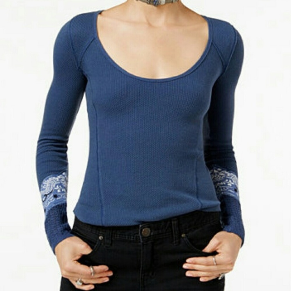 Free people bandana cuff waffle knit thermal top xs